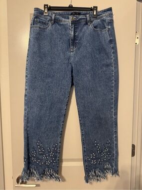 John Mark Medium Blue Embroidered Frayed-Hem Cropped Jeans